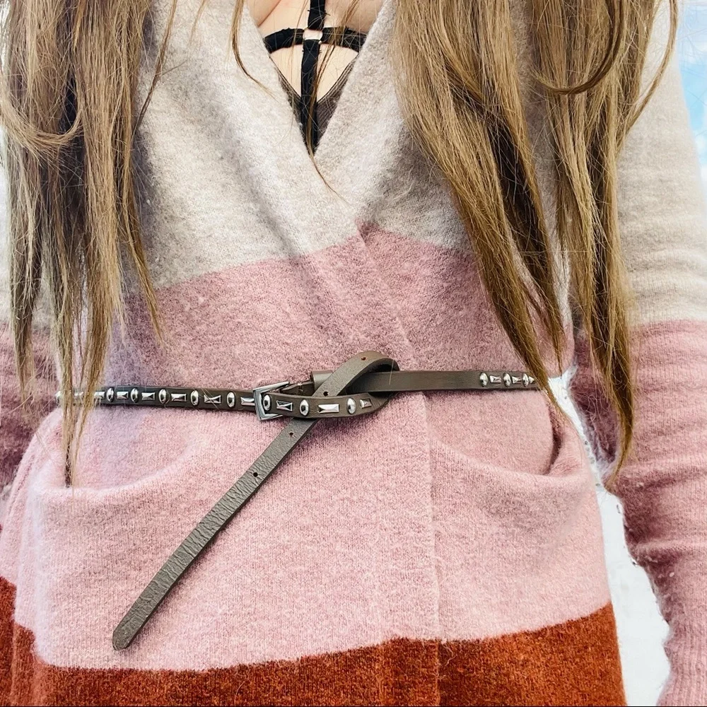 Free People Leather Taupe Silver Studded Narrow Skinny Skinny Long Belt
